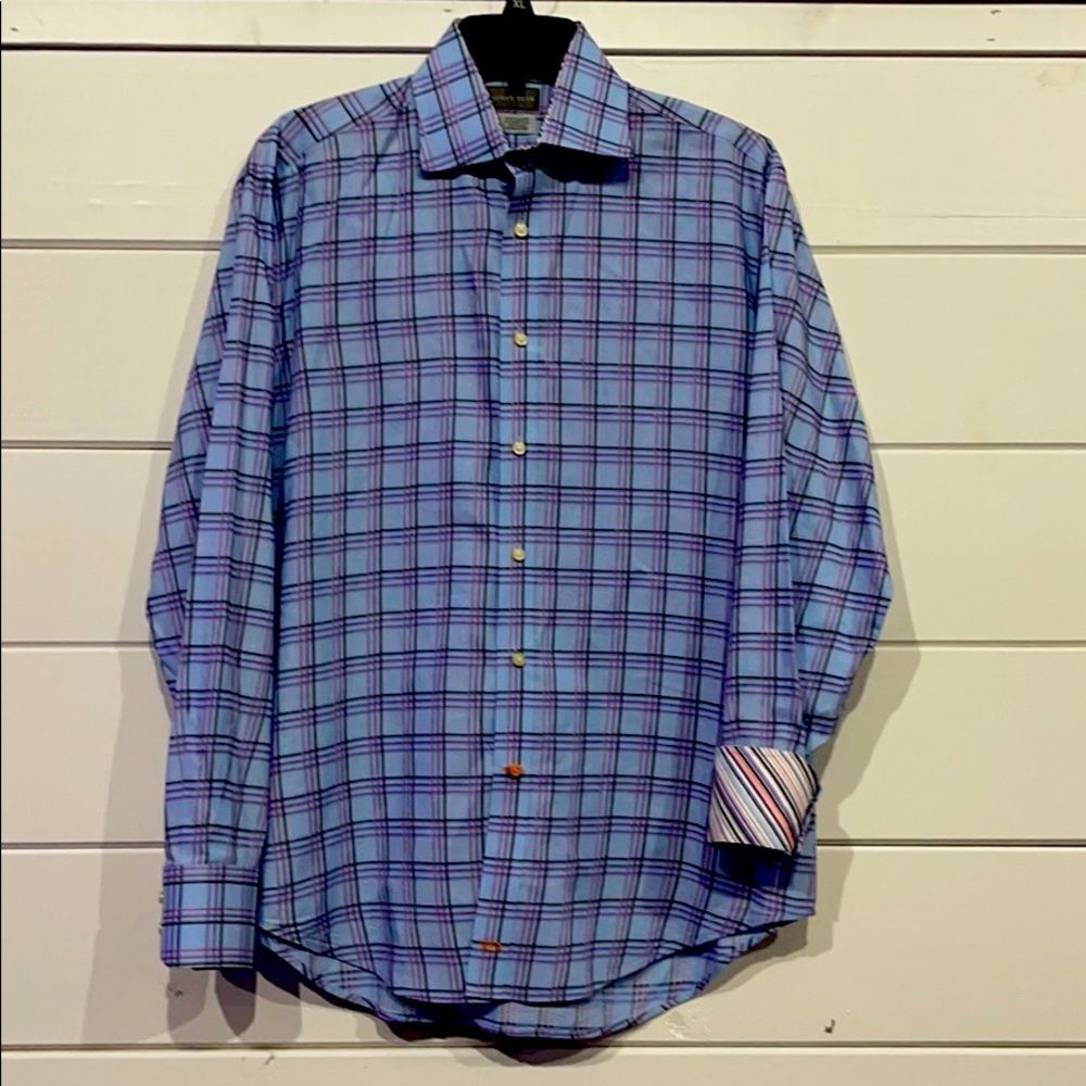 Thomas Dean Long Sleeve Dress Shirt Flip Sleeve Mens Medium Blue 100% Cotton - Picture 2 of 10